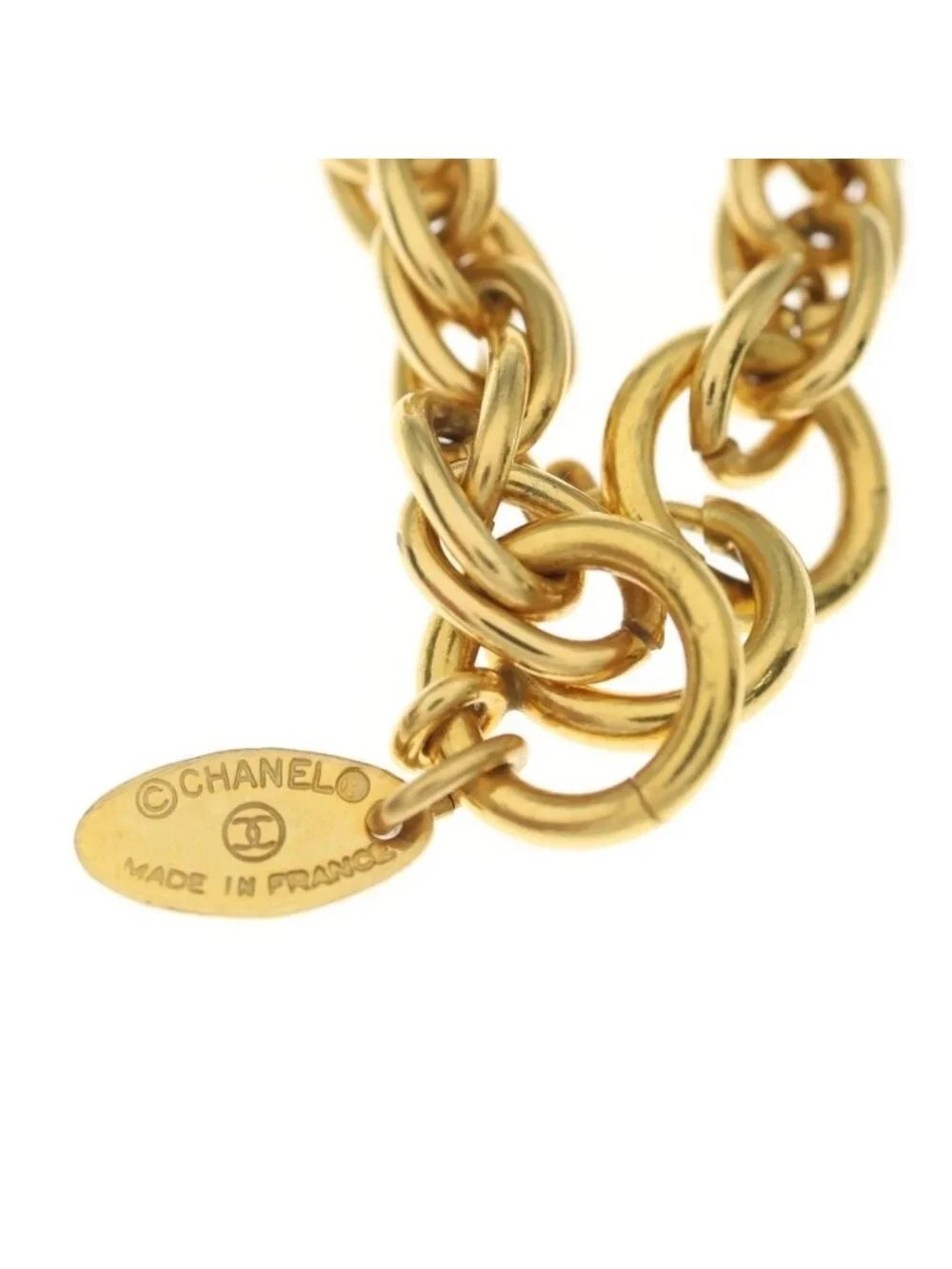 Chanel Cambon Chain Long Necklace Logo Plate Gold Plated